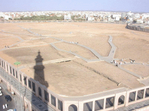Jannatul Baqi' (graveyard of Baqi')  The square shape area contains the Mazar of third Caliph of Islam, Ameer ul Mo'mineen Uthman ibn Affaan (May Allah be pleased with him). On the extreme left is the Mazar of Imam Maalik (May Allah be pleased with him)  Note: All the graves of companions and Ahlebait used to have beautiful Tombs on them. After Wahabi revolution in Saudi Arabia all the shrines and tombs were demolished and graves were leveled. Now, identification of various graves is only possible through old graveyard maps and documents.